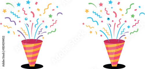 Vibrant Exploding Party Popper Vector Illustration with Colorful Streamers, Stars, and Confetti, Symbolizing Celebration, Joy, New Year's Eve, and Festive Event Backgrounds