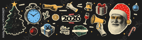 A set of 28 retro-style New Year collage elements with halftone textures and paper cutout aesthetics. Includes Santa, gifts, Christmas tree, clock, ornaments, and text cutouts.