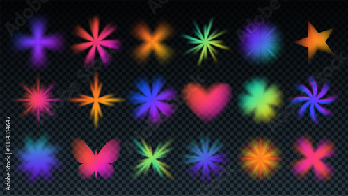 Set of y2k gradient shapes including heart, flower, star and butterfly with soft blur and neon glow. Y2k gradient flower texture bg adds holographic aura and dreamy aesthetic for trendy modern design.