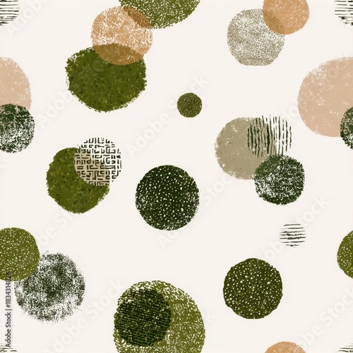 Abstract Green and Brown Textured Circles on White Background Pattern Design.