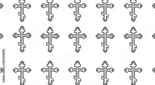 Seamless black outline vector pattern featuring repeating Orthodox cross symbols, also known as the Russian cross, perfect for religious backgrounds, Eastern Christianity, and traditional designs