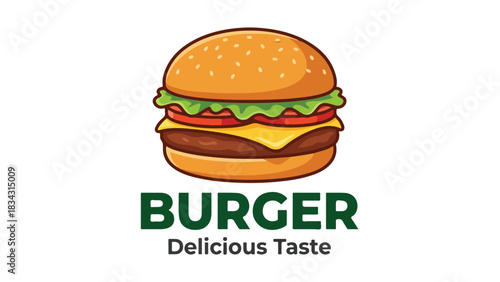 Delicious Burger with Fresh Ingredients and Text.