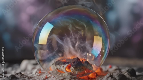 Sparks Erupt and Fade Inside an Iridescent Bubble on Rock Surface