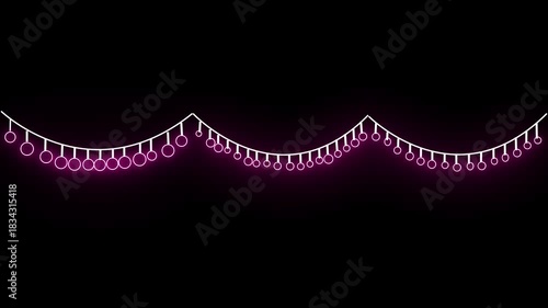 Wedding lights flicker above dinner table. Warm glow garland for soft ambiance. Romantic lighting wraps .Glowing holiday lights garland with multicolored bulbs. .  New Year banner.