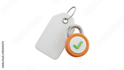 white product tag paired with a round orange lock showing a green check — ideal for verified listings, secure purchases, trusted product badges, verified sellers, safe checkout, or authentication indi