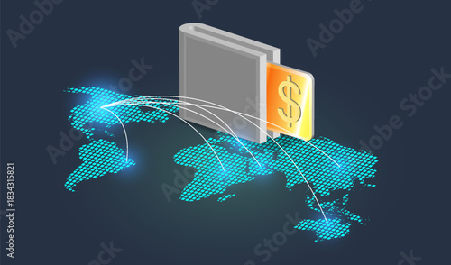 Digital wallet displaying currency over a world map with network connections shown