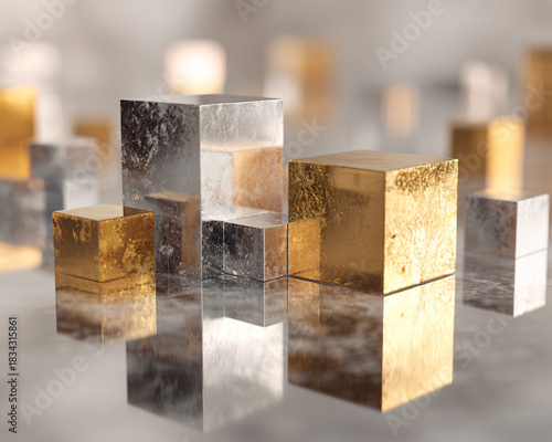 Minimal metallic shapes floating in soft light, abstract geometry, silver and gold palette, futuristic New Year vibe, luxury cinematic reflections, high-end style, clean background.