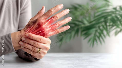 Arthritis pain concept with woman holding painful hand and glowing red joint areas creating clear medical illustration shaped by minimal soft background and clean composition health wellness themes