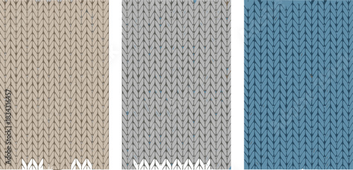 Seamless vector texture collection showing three variations of knitted wool fabric with light distress, featuring subtle beige, heather gray, and deep blue textile backgrounds for cozy concepts