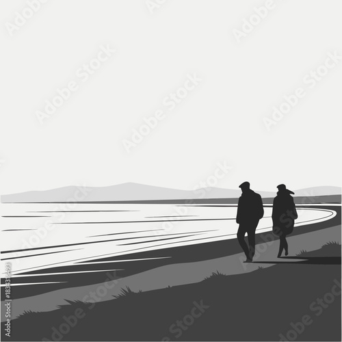silhouette of couple walking seaside