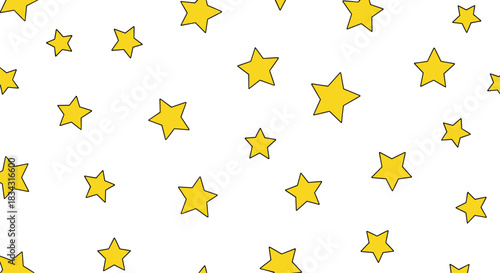 Simple and cheerful seamless vector pattern featuring scattered yellow cartoon stars of various sizes on a white background, ideal for child design, night sky, celestial, and cosmic themes