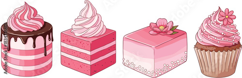 Four pink-themed desserts including layered cakes and cupcake with frosting, glaze, pearls, and floral decorations for baking design