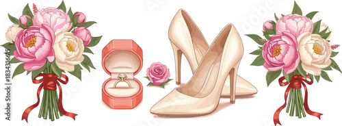 Elegant wedding accessories including shoes, ring box, rose, and floral bouquets for bridal preparation and romantic design themes