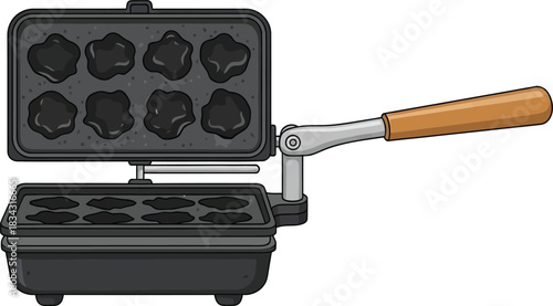 Open manual stovetop waffle iron with wooden handle and cloud shaped molds for creative breakfast cooking and sweet bubble egg waffle dessert preparation concept.