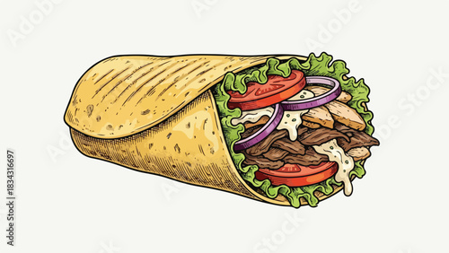 Delicious Chicken Shawarma Wrap with Fresh Vegetables and Sauce.