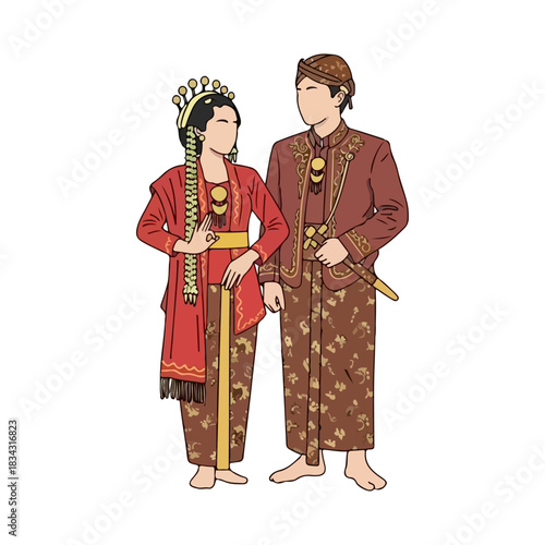 Traditional Indonesian Couple in Javanese Wedding Attire Featuring Batik Patterns and Ornate Jewelry, Vector Illustration