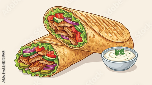 Delicious Shawarma Wrap with Fresh Vegetables and Sauce.