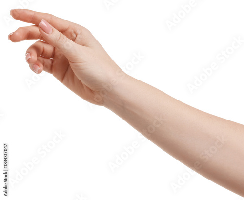 Fotografía Woman showing gesture with hand on white background, closeup