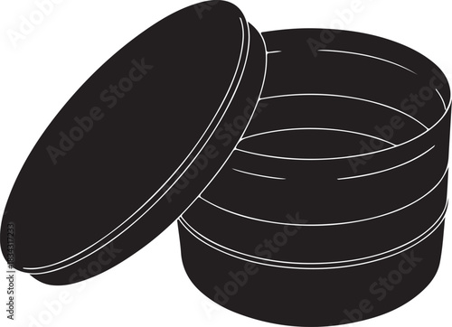 Black metal barrel with open lid showing interior rings