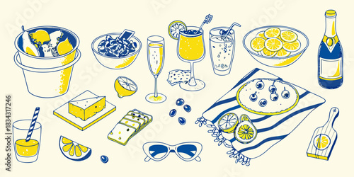 Summer picnic still life with lemons cheese drinks and accessories