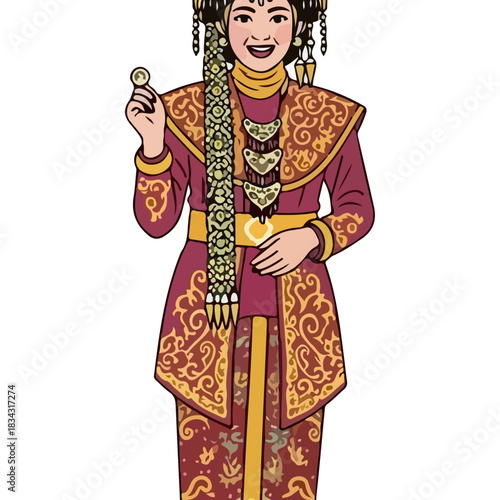 Traditional Indonesian Woman In Elegant Maroon And Gold Attire Holding Coin Illustration, Cultural Ethnic Costume, Festive Celebration