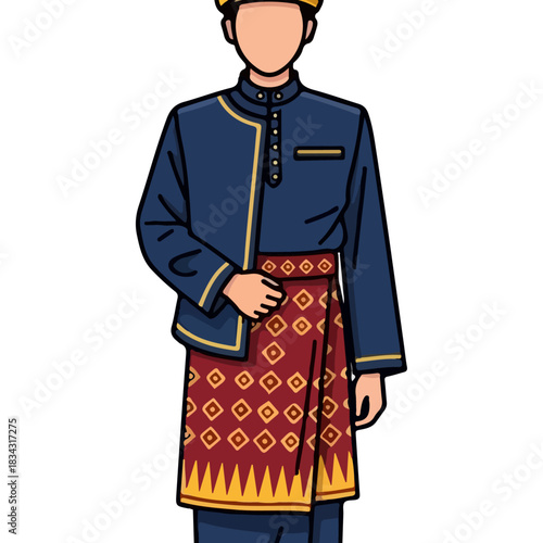 Traditional Malay Man in Blue Baju Melayu and Songkok with Intricate Red and Gold Sarong, Cultural Attire Illustration