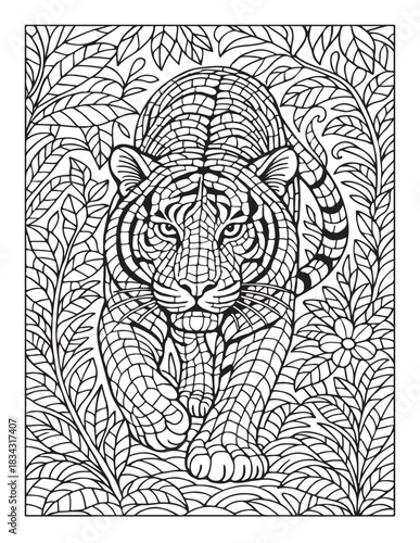 Intricate tiger illustration with jungle foliage for adult coloring book page