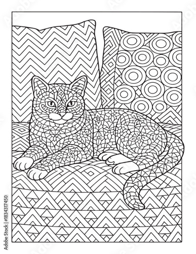 Intricate patterned cat line art for adult coloring, relaxation activity
