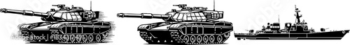 Military Tanks and Warship Vector Set Defense Illustration