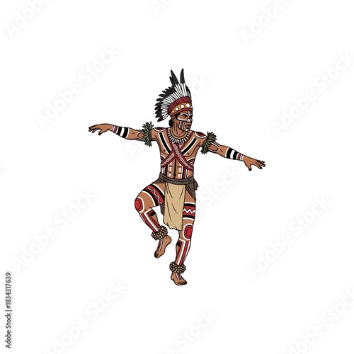 Indigenous Australian Aboriginal Dancer in Traditional Body Paint and Headdress Performing a Ritual Dance