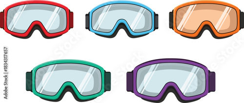 Set of five colorful ski or snowboard goggles with reflective lenses and black straps for winter sports and gear design
