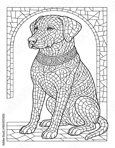 Intricate patterned dog sitting in ornate arch for adult coloring book page