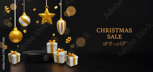 A premium 3D Christmas sale banner featuring elegant gold ornaments, gift boxes, decorations, a dark luxury background, black podium. Festive marketing, seasonal advertising, and holiday promotions.