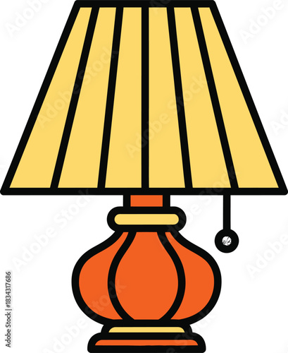 A stylized illustration of a vintage table lamp with a yellow pleated lampshade and an orange base