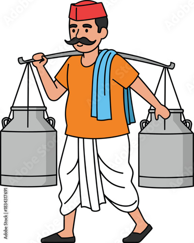 Traditional Indian Milkman or Vendor Character Vector Carrying Milk Cans on a Yoke, Depicting Local South Asian Lifestyle and Dairy Delivery Service