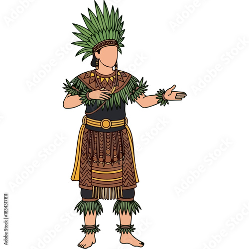 Indigenous person in traditional attire with feather headdress and ceremonial clothing, dynamic pose, cultural representation