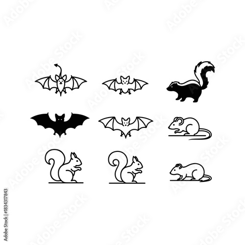 Collection of diverse animal icons featuring bats, a skunk, squirrels, and mice in various styles, line art and silhouette