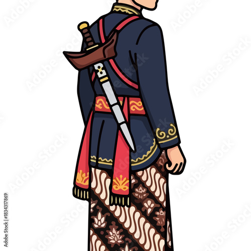 Indonesian man dressed in traditional clothing, wearing a dark blue jacket, red sash, and batik sarong, with a kris dagger on his back