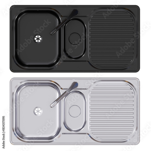 Large Kitchen Sinks with Main Bowl, Half Bowl, and Drainer- top-down view