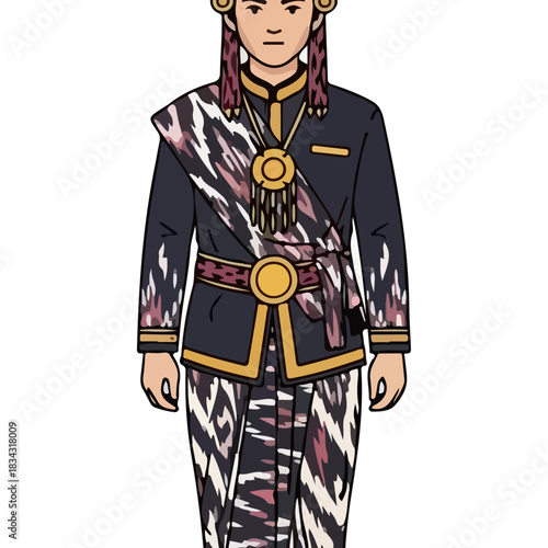 Indonesian man in traditional dark blue ceremonial attire with intricate patterns, adorned with gold accessories and fabric sash