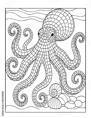 Ocean creature octopus coloring page with unique tiled pattern and seashells