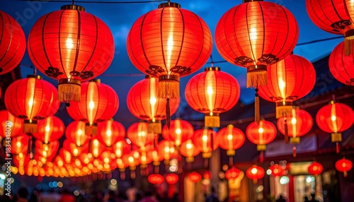 Wallpaper Mural Glowing red Chinese lanterns hang in rows, casting warm light in a festive nighttime celebration. Torontodigital.ca