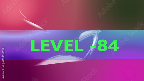 visual abstract background in orange, blue, and purple . Level 84 text glitching over orange and red lines against Blurred abstract background .	