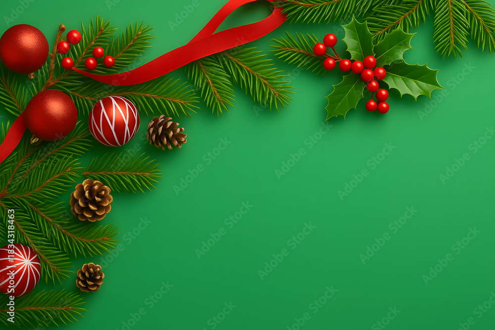 Naklejka premium Christmas Green Background with Pine Branches, Red Ornaments and Ribbon