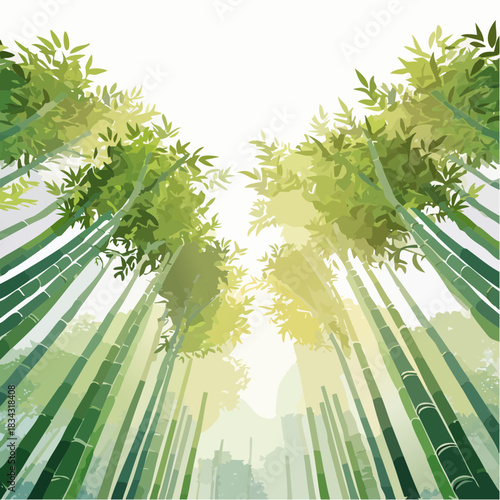 Towering Green Bamboo Forest Canopy With Sunlight Rays Shining Through Lush Leaves Creating an Ethereal Atmosphere in an Asian Landscape