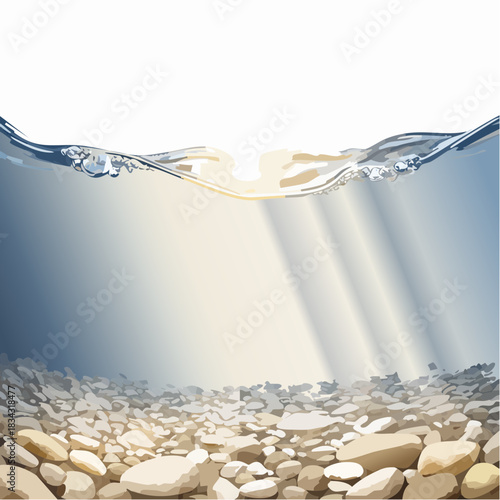 Underwater Scene With Sun Rays Shining Through Clear Blue Water Onto A Pebble Beach Below