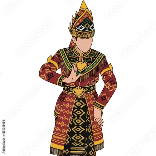 Traditional Indonesian Dance Costume with Intricate Patterns and Ornate Headpiece Performing a Graceful Pose