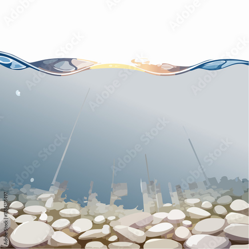 Underwater scene with sunlit pebbles on the riverbed and sunbeams filtering through clear blue water creating a serene natural landscape