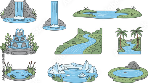 Set of nine illustrated water features including waterfalls, rivers, ponds, lakes, and fountains for nature and landscape design