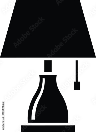 Simple black silhouette of a classic table lamp with a tapered lampshade and pull chain